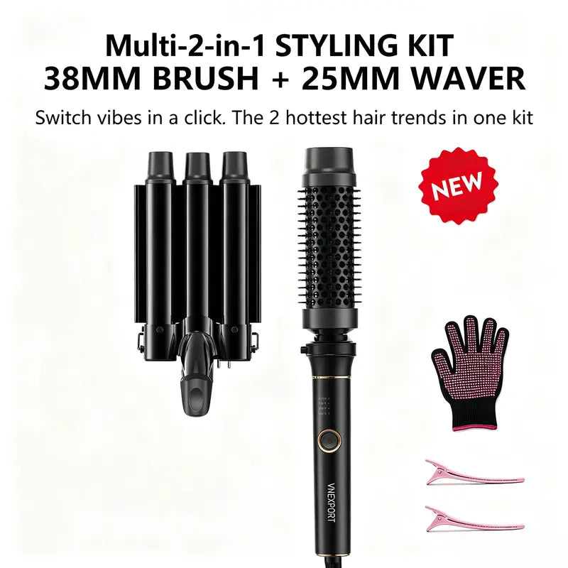 2-in-1 Multi Hair Curler Beachwaver, Curling Wand, Velcro Rollers, Bombshell Curls, Curling Iron, Quick Heat Styler with 25mm 3-Barrel Waver & 38mm Volume Brush, Interchangeable Barrels, Dual Voltage, VNEXPORT SD-691