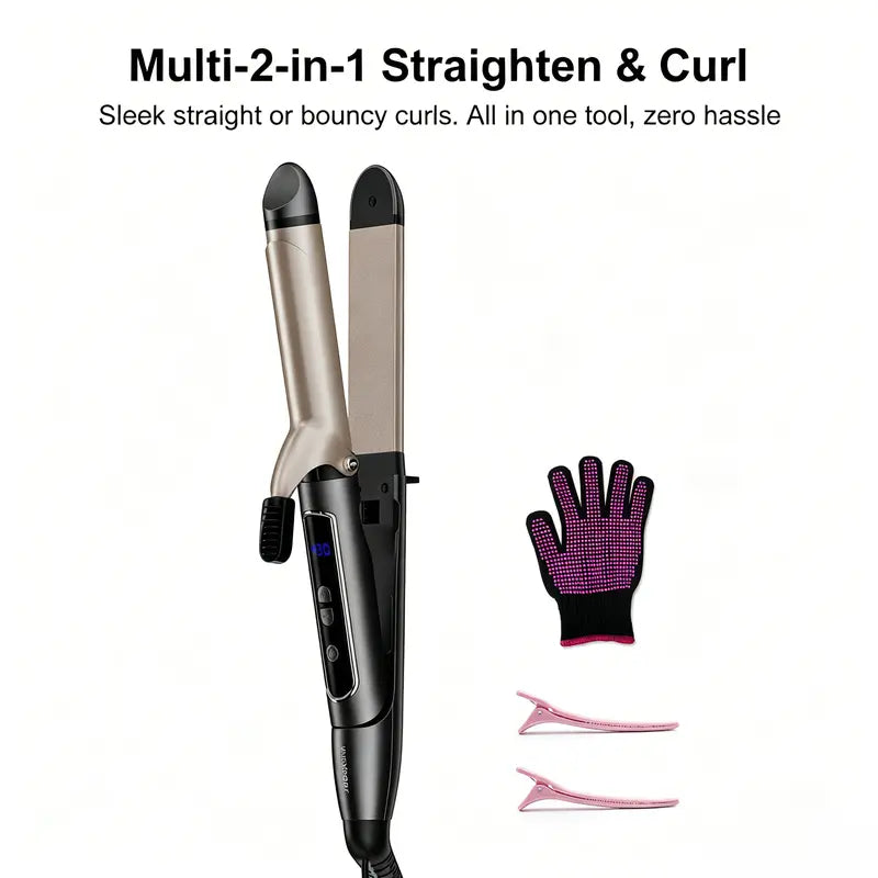2-in-1 Multi Hair Straightener & Curling Iron, Curler Wand, Beachwaver, Curling Hair, Blowout Curler, Quick Heat-Up, Adjustable Temperature Universal Dual Voltage 360° Tangle-Free Swivel Cord VNEXPROT 516A-2 Curling Clip