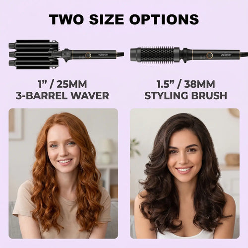 2-in-1 Multi Hair Curler Beachwaver, Curling Wand, Velcro Rollers, Bombshell Curls, Curling Iron, Quick Heat Styler with 25mm 3-Barrel Waver & 38mm Volume Brush, Interchangeable Barrels, Dual Voltage, VNEXPORT SD-691