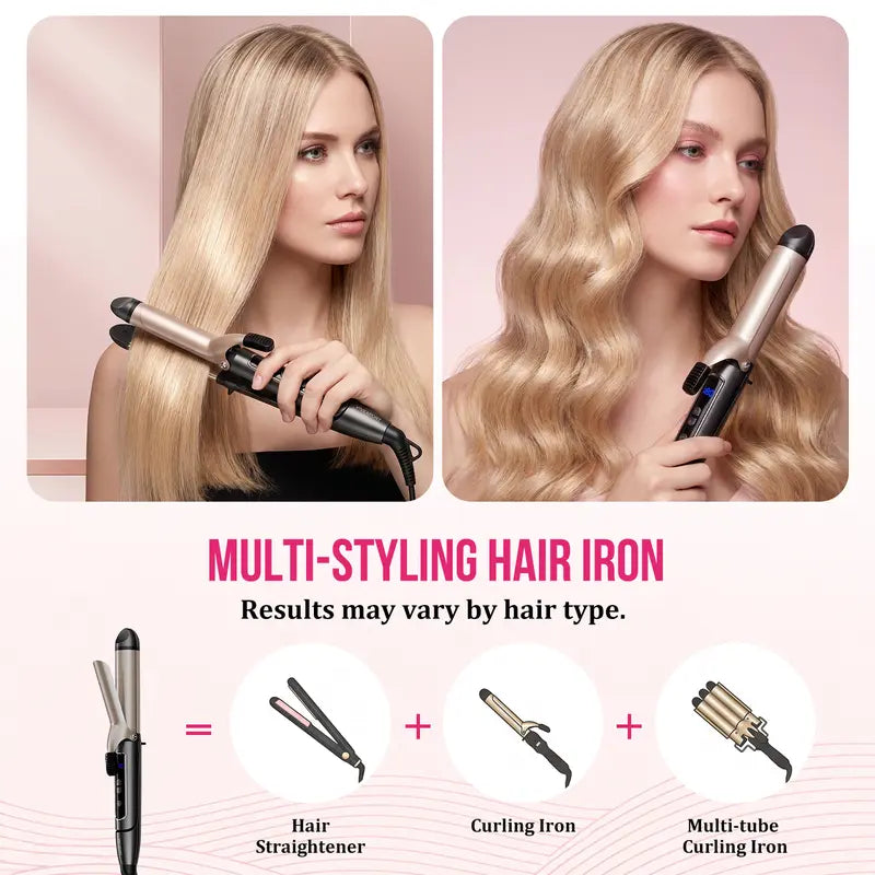 2-in-1 Multi Hair Straightener & Curling Iron, Curler Wand, Beachwaver, Curling Hair, Blowout Curler, Quick Heat-Up, Adjustable Temperature Universal Dual Voltage 360° Tangle-Free Swivel Cord VNEXPROT 516A-2 Curling Clip