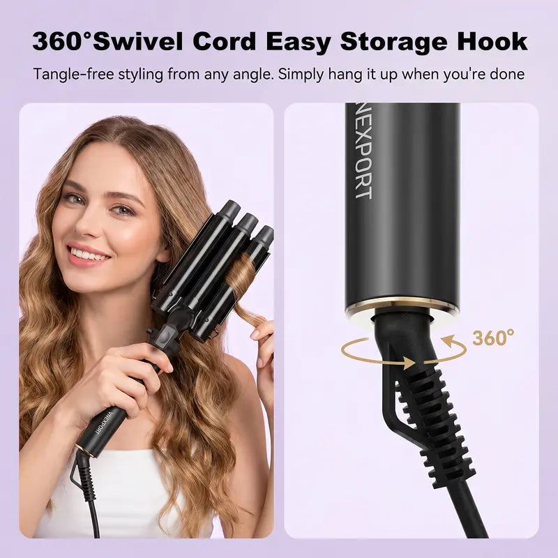 2-in-1 Multi Hair Curler Beachwaver, Curling Wand, Velcro Rollers, Bombshell Curls, Curling Iron, Quick Heat Styler with 25mm 3-Barrel Waver & 38mm Volume Brush, Interchangeable Barrels, Dual Voltage, VNEXPORT SD-691